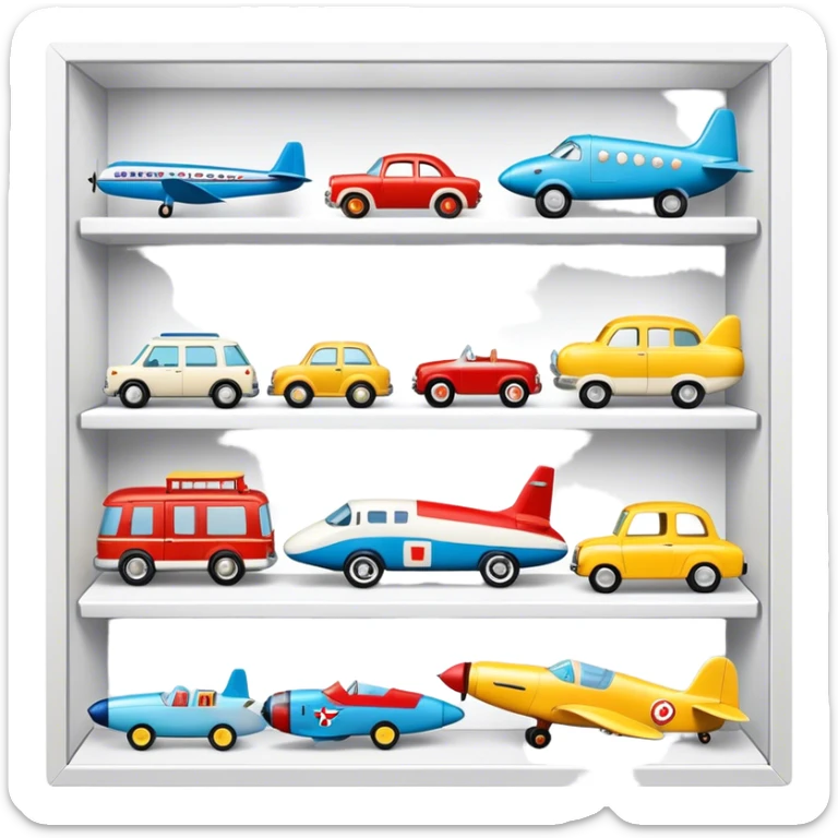 Icon for Toy Collecting: a collection of various vintage toys such as dolls, tumblers, cars, planes, ships, action figures and plush animals, displayed neatly on shelves or in display cases. The icon should evoke the joy and nostalgia of collecting toys. Transparent background. sticker
