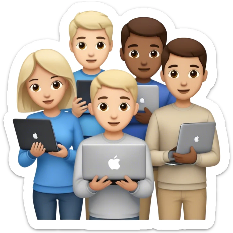 bunch of tech geek friends talking to each other with laptop in hand sticker