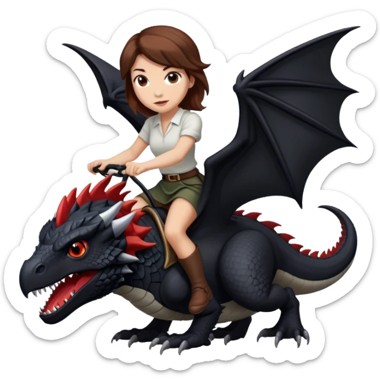 Me, a white female with brown hair, riding a black wyvern with a tiny bit of red that has only two legs to your work sticker