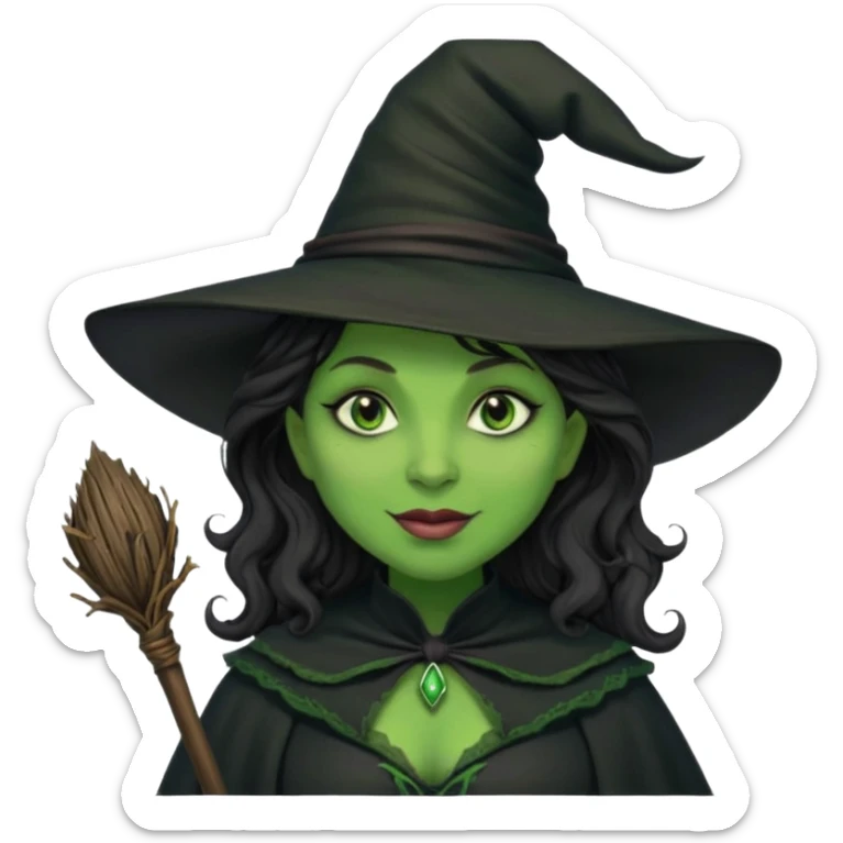 elphaba the wicked witch from wicked movie (cynthia erivo) dark long curly hair, thick lips, green skins, witch hat, witch broom, evil, wicked musical film, smirk sticker