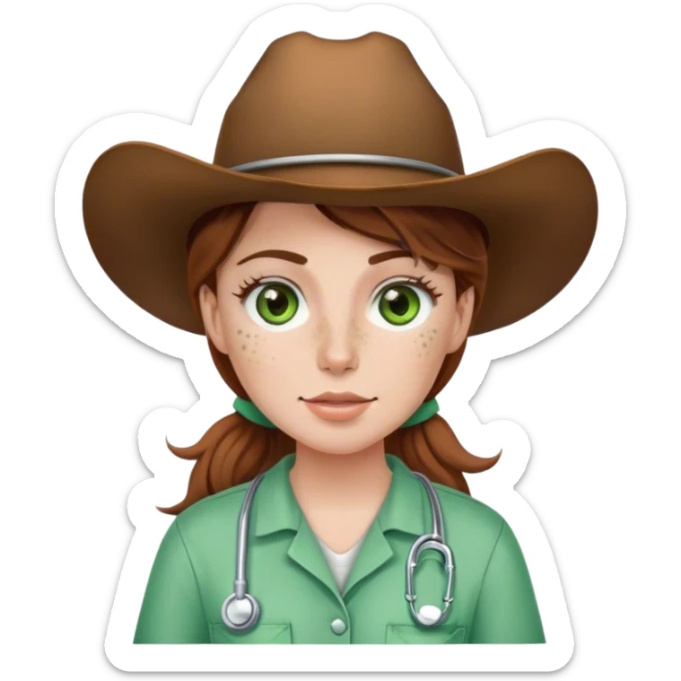 Pale Woman with brown hair and green eyes and freckles on her cheek bones wearing scrubs and a cow girl hat sticker