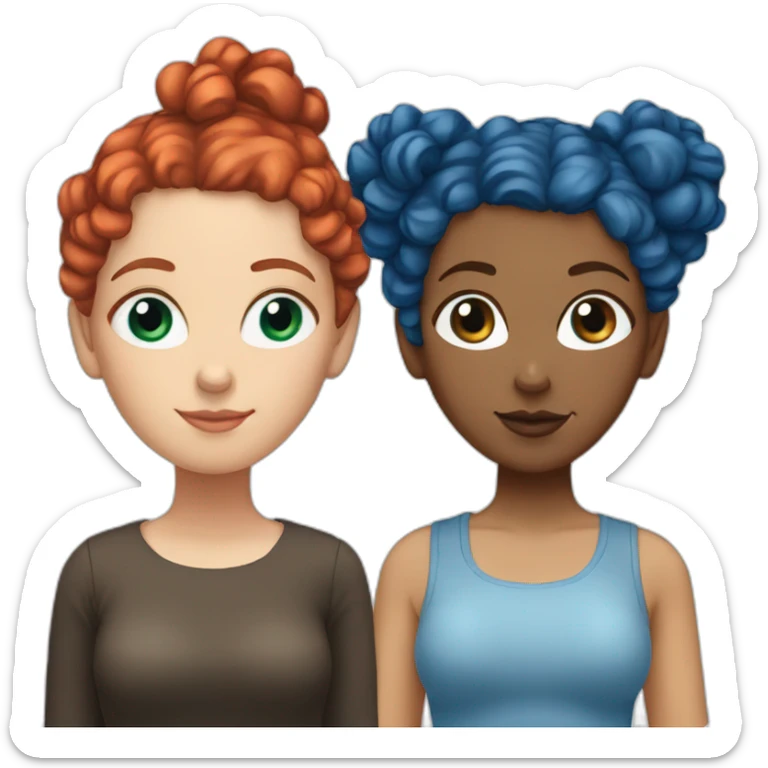 White girl with curly hair in two buns, one with red hair and the other with blue hair sticker