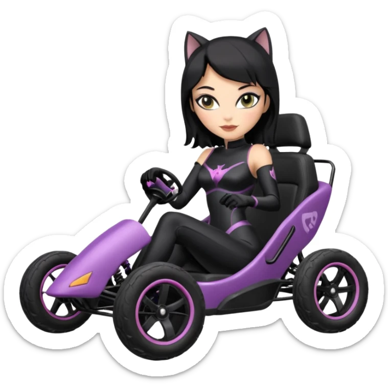 full size real-appearance road glowing racing sexy buxom CatWoman’s feminine midnight-colored tight outfit sixty’s tv show dark stealthy accurate sporty safe plush deluxe off-road pursuit drifting car jaguar (black hair,reclined and relaxed torso and shoulders back against seat) cross kart  sticker