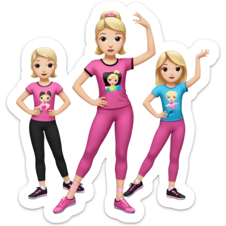 Hiphop dancer, with cute big pants, sneakers, and t-shirt. White girl blond. Coloufull shirt. No pocket pants. Dancing. Pink and black plain outfit. No sweatbands on the wrist, black music box behind her. Ballerina pose. with dancing kids behind her sticker