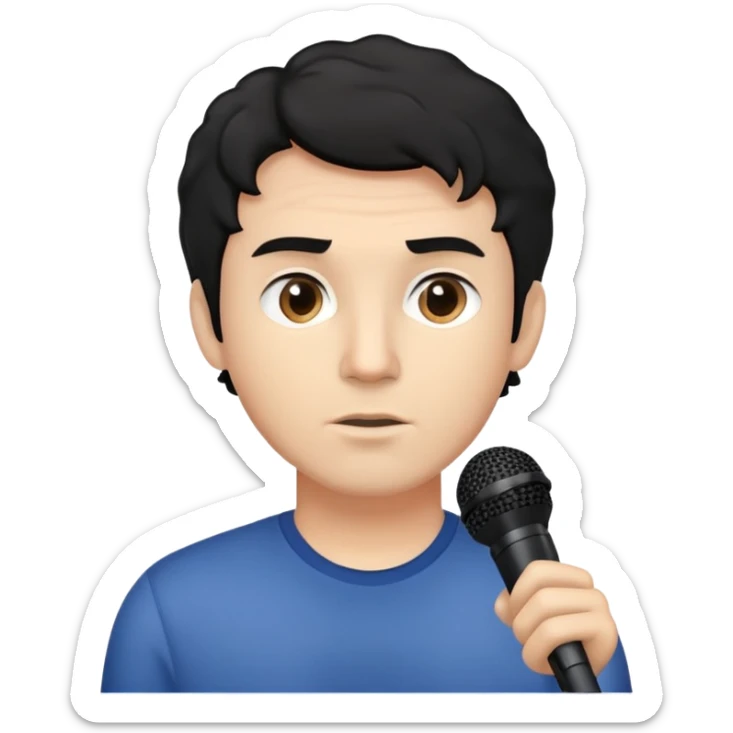 Weatherman reporter man, slightly curly and short black hair, serious, no glasses, and with a microphone sticker