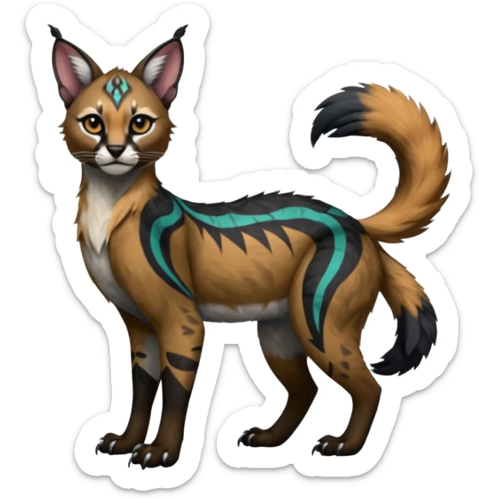 Colorful dark black gloomy spooky pointy foggy smoky points-marked tribal patterned glorious colorful hyper-realistic exotic cute cool beautiful beautiful fantasy-caracal-civet-genet-sergal-vernid-Gryphon-Cacomistle-Trico-oncilla-animal-Fakémon-hybrid-fursona (full body) sticker