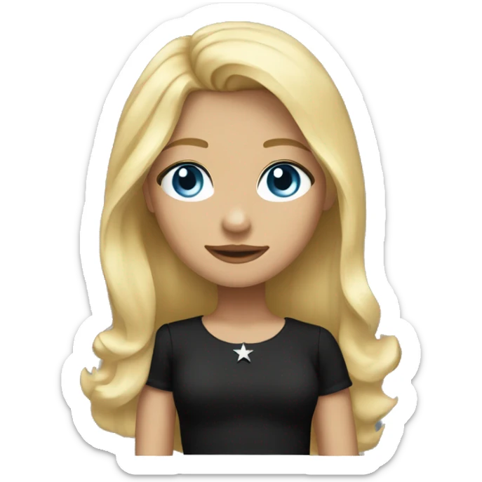 Girl with a blond hair, light blue eyes wearing a black dress and black all star  sticker
