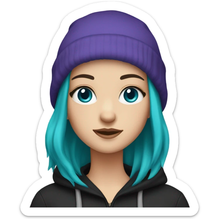 White girl, blue eyes, long teal hair, purple beanie hat, black hoodie sticker