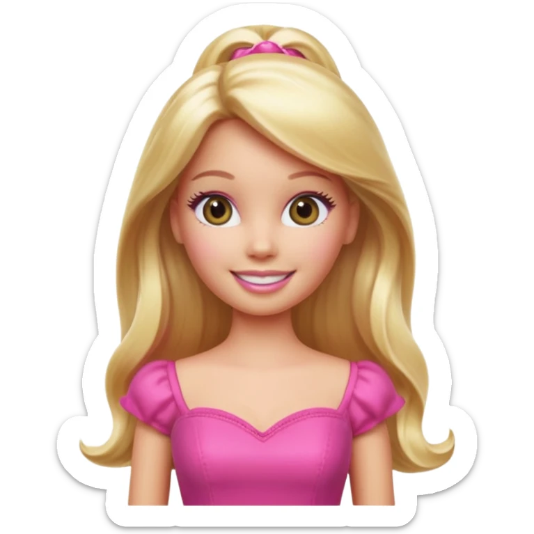 A Barbie-inspired Apple emoji character, big shiny emoji eyes, long blonde hair, wearing a pink dress, smiling, 3D Apple emoji style, clean white background, soft shading. sticker