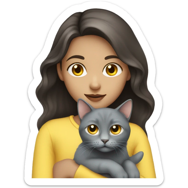 Girl with long dark brown hair and blue eyes holding a gray cat with yellow eyes sticker