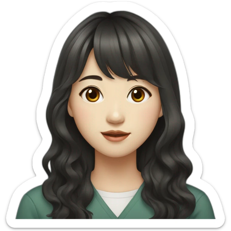 Korean student woman with bangs and wavy long black korean hairstyle, light skin tone sticker