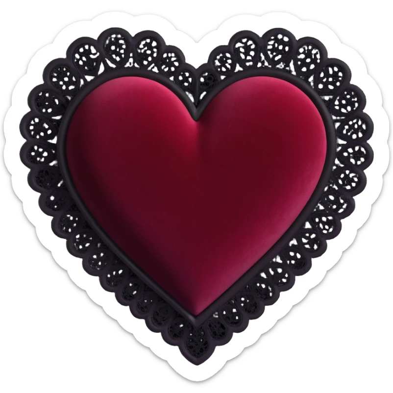 3D emoji style heart, dark crimson velvet texture, black lace trim, gothic and romantic sticker