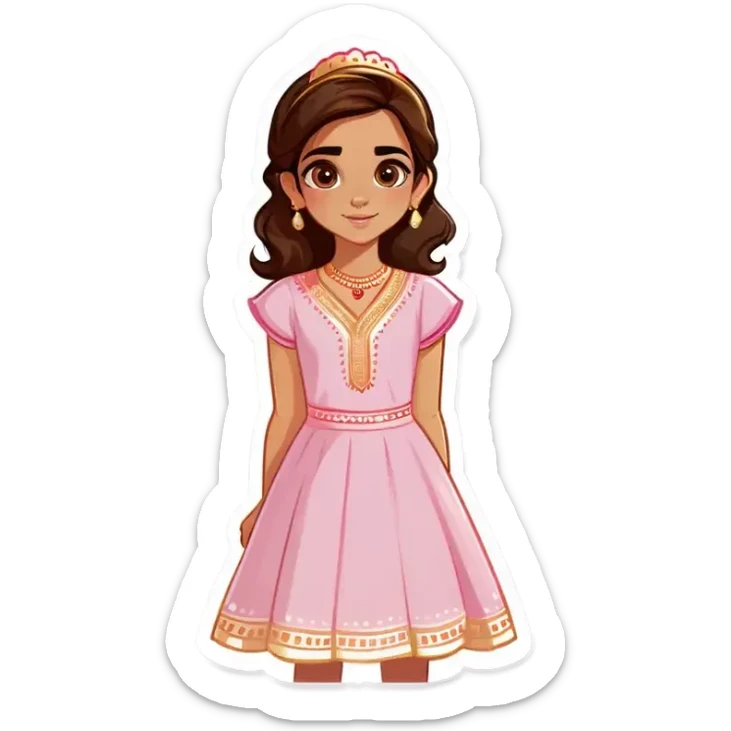 An Indian girl in a cute light pink dress with a medium length brown hair with brown golden eyes with a bit of coquette  sticker