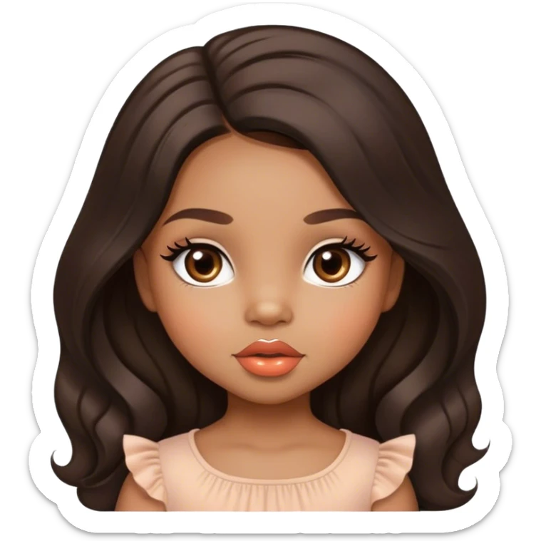 Glamourous, light brown skin tone, very beautiful toddler, with big plump peach-beige lips, long long lashes, black wavy smooth long hair, straight parting hair, brown eyes sticker