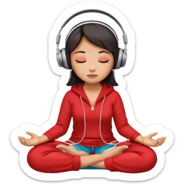 An East Asian woman🧘🏻‍♀️ is sitting cross-legged in a meditation pose, wearing Apple headphones🎧 and listening to music. The song is so beautiful that she has her eyes closed and tears streaming down her face. sticker