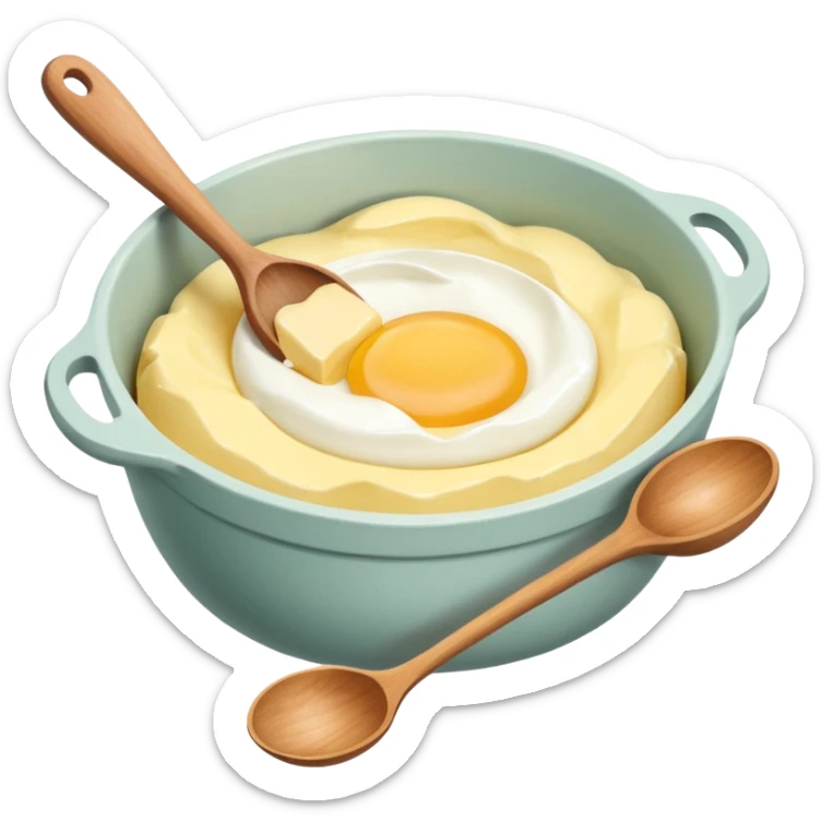 A carton of eggs, butter and a cream ceramic baking bowl with a wooden spoon in it sticker