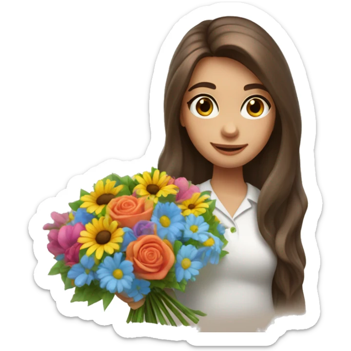 florist girl with long blowout brown hair and blue eyes with a colorful bouquet in the hand  sticker
