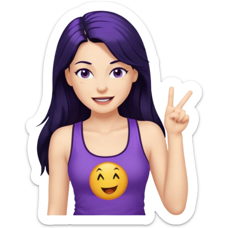 white woman in y2k purple tank top, long black hair, winking sticker
