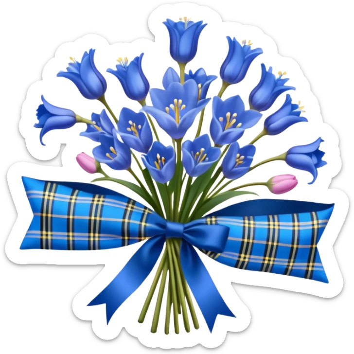 A lush bouquet of bright blue color bluebell black satin ribbon, , with a pale yellow and pink plaid pattern table cloth sticker