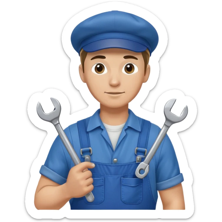 Russian male factory worker wearing overalls and a flat cap holding a wrench sticker