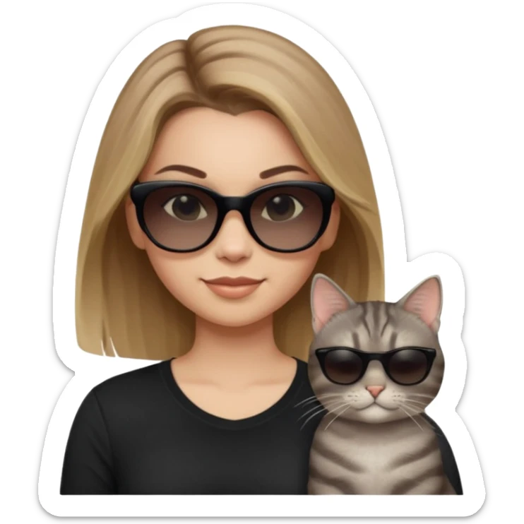 white woman with light brown ombre hair, black shirt, opaque black sunglasses, smirking, grey tabby cat wearing sunglasses, both looking cool sticker