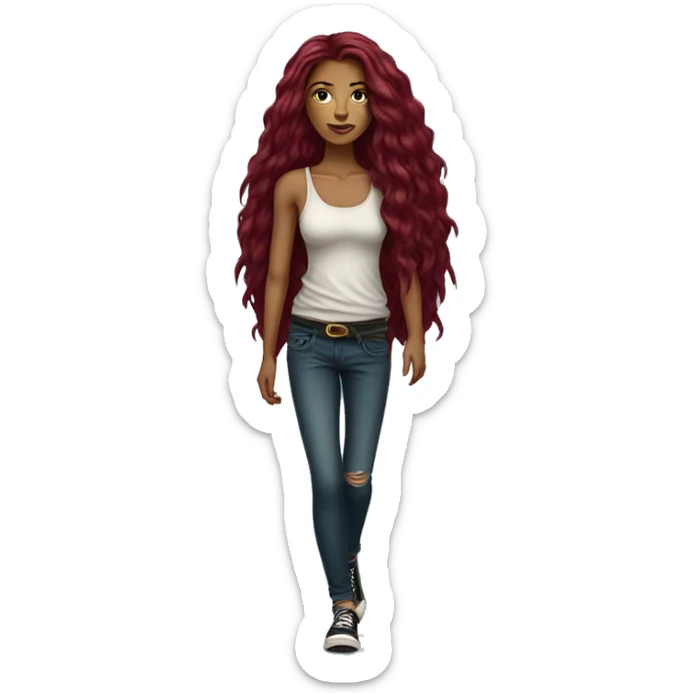 Beautiful tattooed  burgundy long haired woman crossing the street sticker
