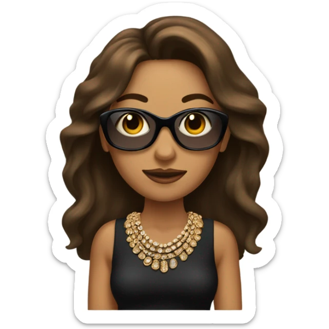 tan woman with brown hair and a  black dress and a lot of jewelry and sun glasses sticker