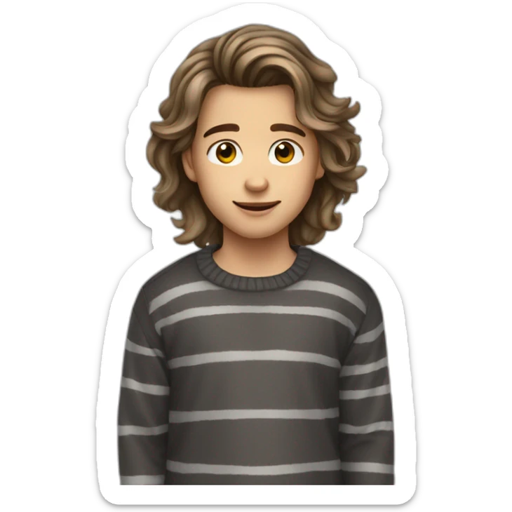 teenager boy brown long wavy hair and dark gray striped sweater sticker