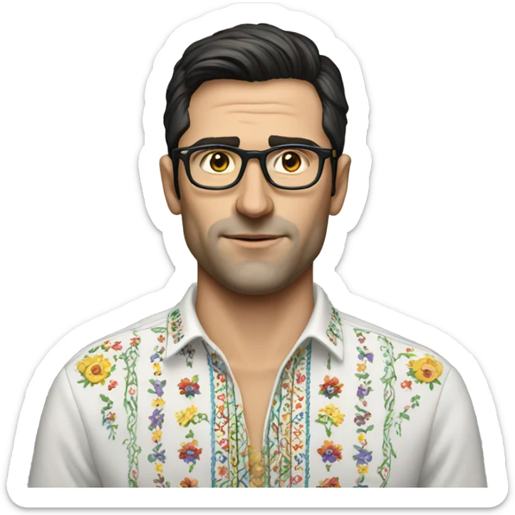 European dark-haired man in a Ukrainian embroidered shirt, glasses sticker