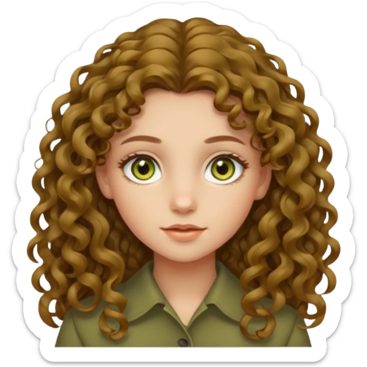 Menina de cabelo cacheado loiro escuro, longo, de olhos verdes oliva com um leve amarelo dentro sticker