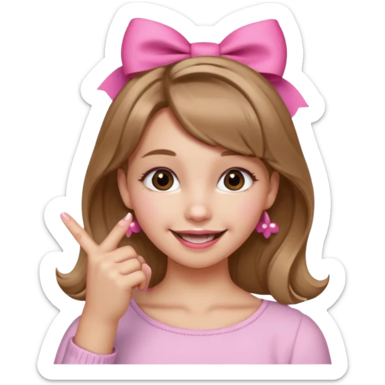 Chica sonriendo con un lazo rosa en la cabeza y mordiendose la punta del dedo indice con delicadeza y la otra mano que no salga sticker