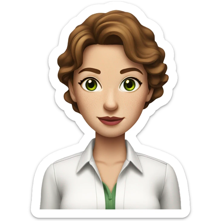 female real state agent with wavy brown hair an green eyes with nice pinkish lips dressed with a white shirt and a few freckles sticker