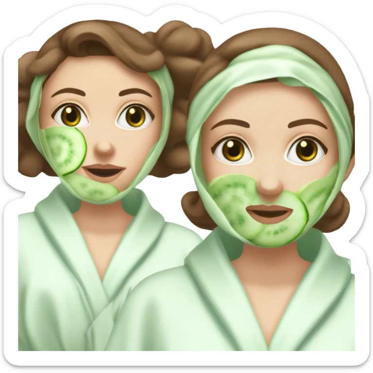 White girl with Brown hair and blue eyes wears a Green colored skincare clay textured mask and puts on cucumbers around her eyes while She relaxes in her white Robe sticker
