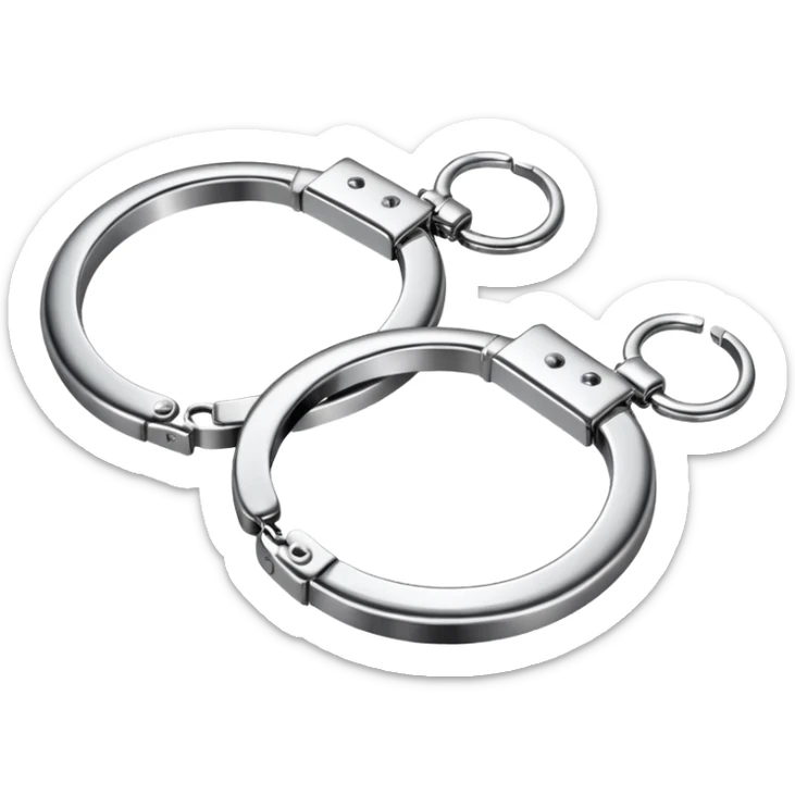 A pair of elegant handcuffs emoji made of silver chrome, smooth rounded design, glossy metallic reflections, luxury fetish aesthetic, minimal iOS emoji style, centered, clean white background sticker