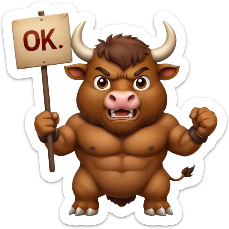Angry powerful bull emoji holding a sign with the words OK in front of it sticker