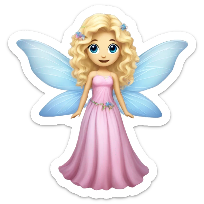 Fairy, a blonde hair with blue eyes and a pink dress with sparkly wings. Flowers. White wings. The fairy has long, curly hair with a lot of volume sticker