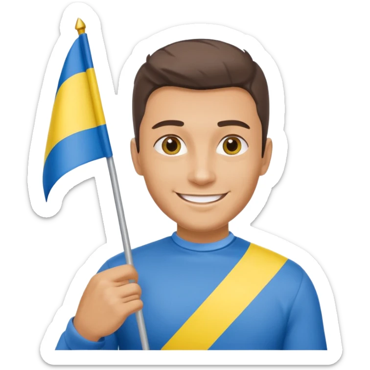 photorealistic Ukrainian man with the flag of Ukraine sticker