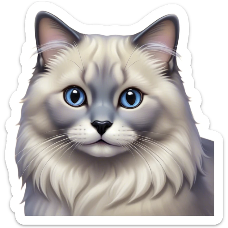 Cinematic Adorable Fluffy Grey Seal Ragdoll Cat Portrait Emoji, Head tilted gracefully with large, sparkling eyes, soft grey fur with darker seal points on the ears, face, and paws, Simplified yet majestic features, highly detailed, glowing with a soft, warm glow, high shine, calm and affectionate, stylized with a touch of elegance, bright and endearing, soft glowing outline, capturing the essence of a regal and loving kitty, so serene it feels like it could glide across the screen with its dignified presence! sticker