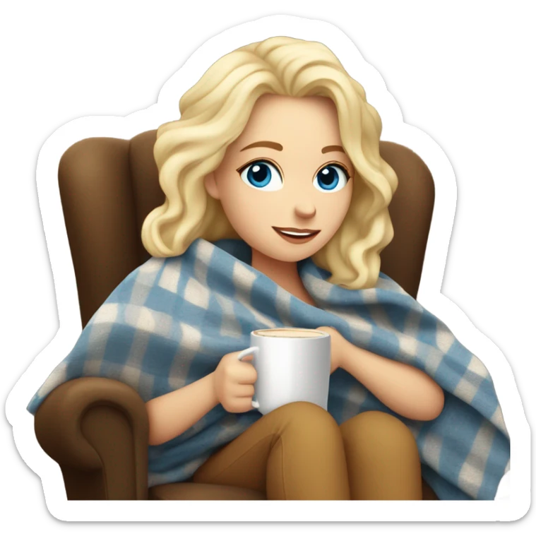 Blonde blue eyed white girl covered in blanket autumn vibe sitting on a cozy chair holding coffee sticker