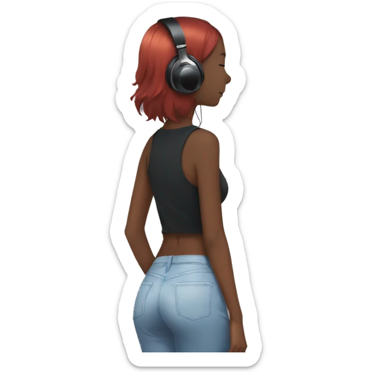 anime girl from behind with headphones on toes and black hai sticker