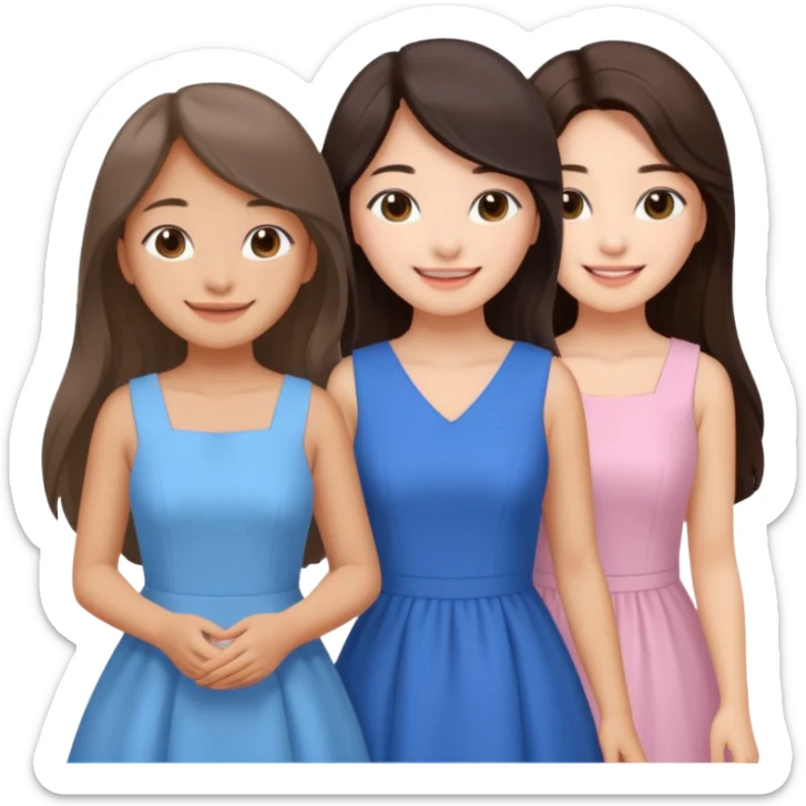 one Korean girl in blue and one white long haired brunette girl in light prink dresses smiling sticker