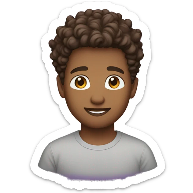boy with mid fade and curly Brown hair, brown yes, purple t-shirt sticker