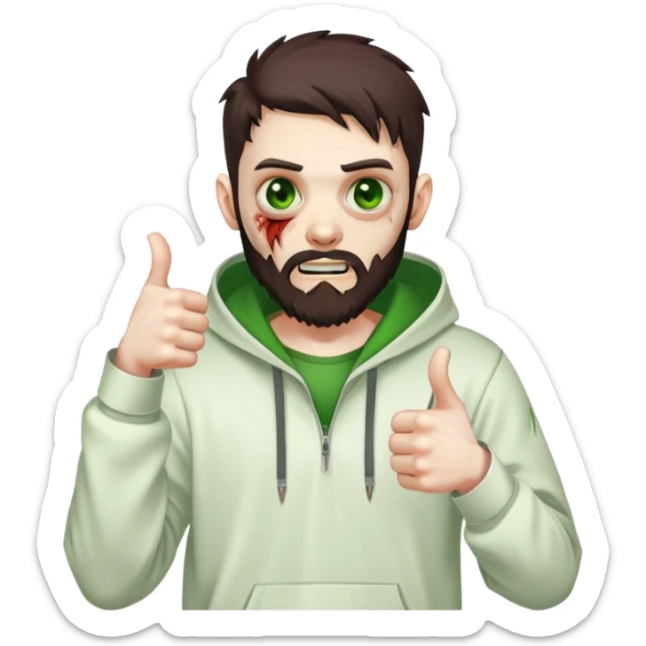 zombie with thumbs up gesture, undercut hairstyle with dark brown hair, short full beard, heterochromia with one green eye and one brown eye, wearing plain white hoodie sticker