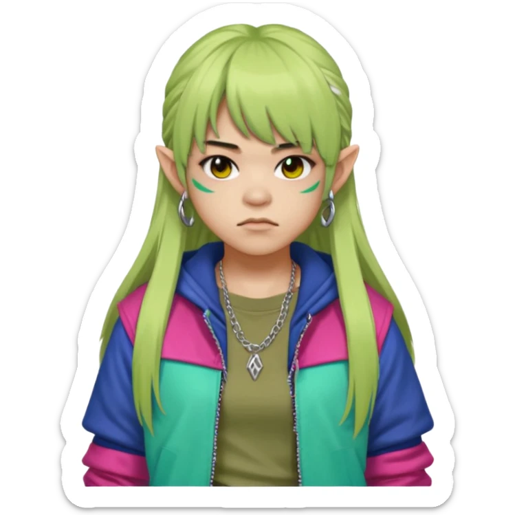  portrait-of-a-orc-k-pop-idol,-wearing-a-stylish-streetwear-outfit-with-layered-colorful-clothing,-long-hair-with-bangs,-makeup,- sticker