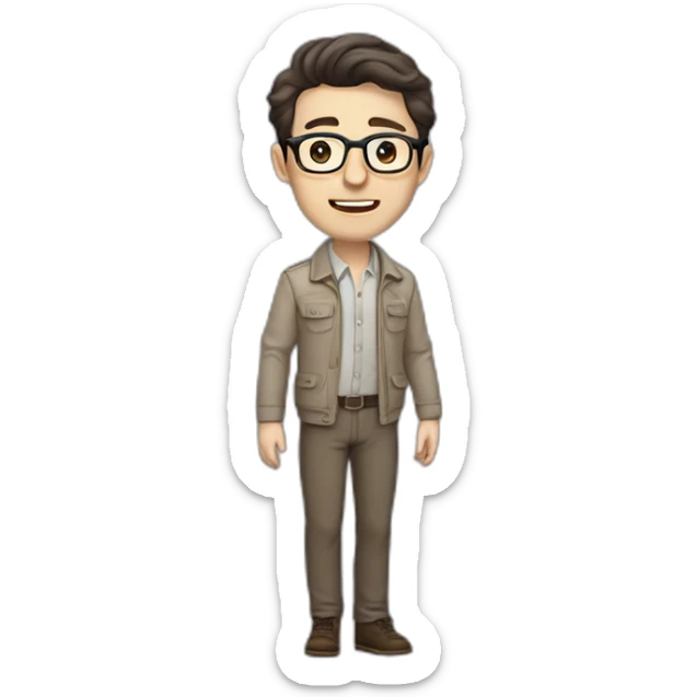 Full height Pale skinned Fit Man With dark brown hair in gray classic jacket, beige office shirt, Brown pants and vintage glasses. Thrumbs of his palms upwards sticker
