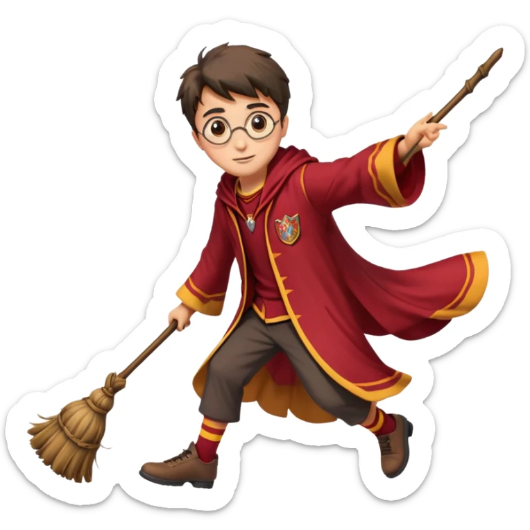 Cartoon-style illustration of Harry Potter flying on a broomstick, Gryffindor red and gold outfit, expressive face, dynamic motion, magical vibe, smooth shading, vibrant colors, no background, transparent background, isolated character. sticker