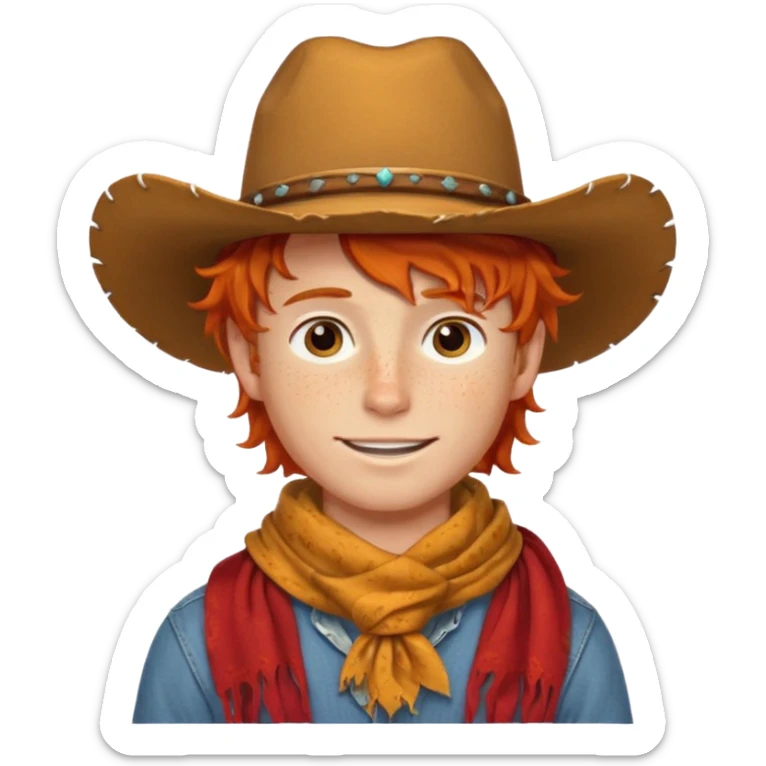 a wavy orange hair boy wearing a cowboy hat with a mischievous grin and freckles with western red scarf on his neck sticker