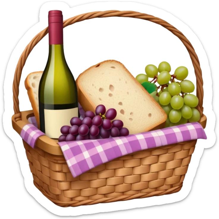Food Basket, Pink basket, plaid lining, with both food, drink and fruits sticker