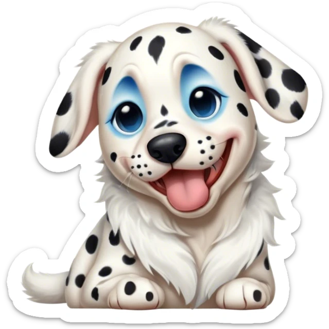 Cinematic Cute Yawning Spotted Dalmatian Portrait Emoji, Head tilted slightly with a dramatic, wide-open yawn, showcasing a smooth Fur of predominantly white with bold black patches, floppy ears slightly drooping, round blue eyes barely open in drowsy contentment, Simplified yet irresistibly adorable features, highly detailed, glowing with a soft, cozy glow, high shine, relaxed yet expressive, stylized with a touch of whimsy, bright and endearing, soft glowing outline, capturing the essence of a sleepy yet affectionate guardian, so drowsy it feels like it could stretch out of the screen and curl up for a nap! sticker