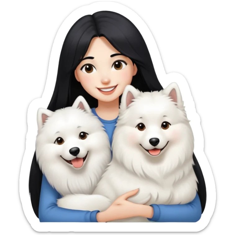A beautiful girl with long straight black hair and a Samoyed dog in her arms, showing a smile of liking.  sticker
